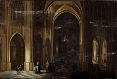 Peeter Neeffs (1578) - Inneres einer gotischen Kirche mit einer Taufprozession