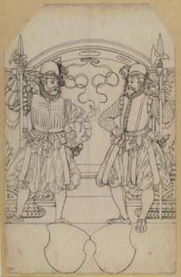 Bartholomäus Lingg (Werkstatt) - Riss mit zwei Halbartieren, darunter zwei leere Wappenschilde