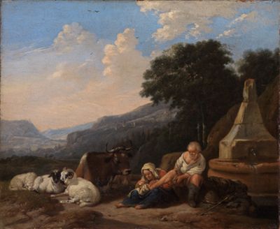 Joh. Heinrich Roos - Berglandschaft mit Hirten am Brunnen