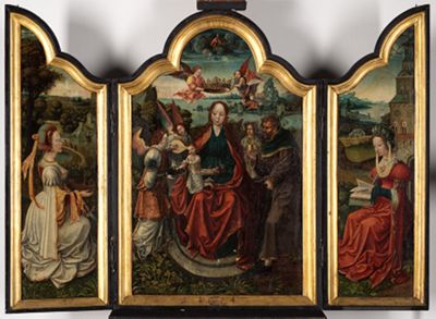 Niederrheinischer Meister - Flügelaltar: Die Heilige Familie zwischen den Heiligen Katharina und Barbara