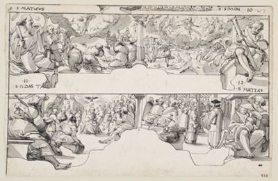 Niklaus von Riedt (zugeschrieben) - Zwei Entwürfe für Oberbilder mit Aposteln und Szenen aus dem Neuen Testament und der Apokalypse sowie der Segnung von Geistlichen