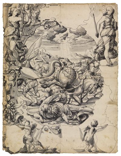 Christoph Murer - Riss mit Bekehrung Pauli, flankiert von Justitia und Veritas, darunter zwei leere Wappenschilde