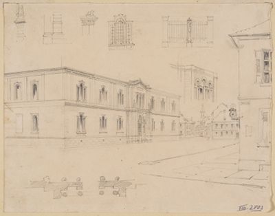 Ch. Kiefer - Blick von Nordwesten auf die Hauptfassade der Staatlichen Kunsthalle Karlsruhe (zusätzlich einige Architekturdetails)