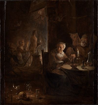 <p>Eine Hexe steht in der Mitte vor einem dampfenden Kessel. Um sie herum liegen seltsame Dinge: Knochen, Bücher, Tiere. Eine Eule sitzt in der Nähe.</p><p></p>