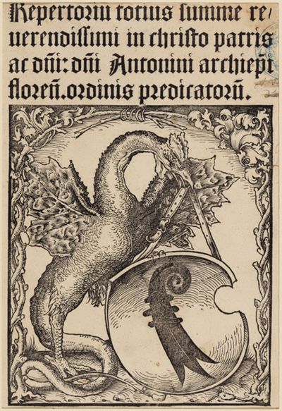 Meister DS - Basilisk mit dem Basler Wappen, das er mit dem Schnabel am Riemen hält