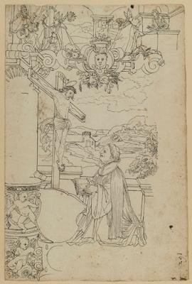 Bartholomäus Lingg - Riss mit Kruzifix und davor kniendem geistlichen Stifter, daneben leerer Wappenschild, im Oberbild Schlüsselübergabe, Predigt des Hl. Franziskus vor Papst Honorius III. in Rom (?)