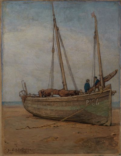 Gustav Schönleber - Fischerboote in Tiefebbe bei La Panne