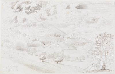 Otto Dix zeigt eine zerstörte Landschaft mit einem alten, verfallenen jüdischen Friedhof. Die Gräber und Grabsteine sind beschädigt oder umgestürzt.