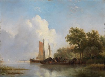 Hendrikus van de Sande Bakhuyzen - Schiffe und Kähne an waldigem Flussufer