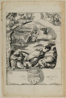 Niklaus von Riedt - Riss mit Christus am Ölberg, darunter nicht identifiziertes Wappen, in den o. Eckbildern Verkündigung an Maria