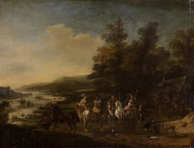 Pieter Wouwerman (1623) - Jagdgesellschaft zu Pferde mit Dienern und Hunden