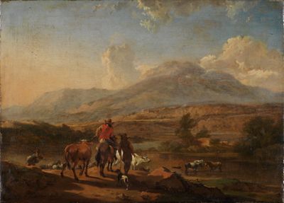 Jan Peeter Verdussen - Abendliche südliche Landschaft mit Hirten an einer Furt