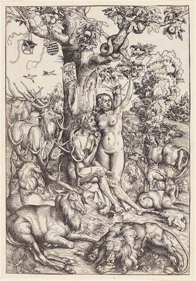 Das Bild von Lucas Cranach zeigt Eva, die gerade einen Apfel gepflückt hat. Adam steht neben ihr, eine Schlange windet sich um den prächtigen Apfelbaum. Viele weitere Tiere und Details sind um sie herum zu sehen.