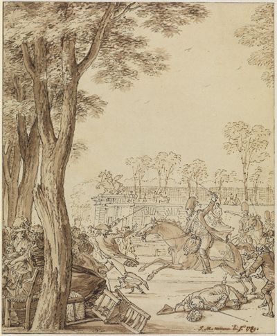 Jean Michel Moreau le Jeune - Der Angriff des Prince de Lambesc in den Tuilerien
