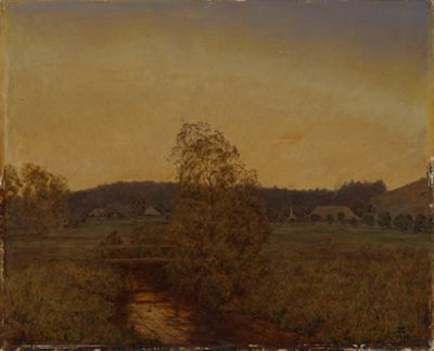 Hans Thoma zeigt eine friedliche Abendlandschaft, die mit sanften Hügeln und Bäumen geprägt ist.