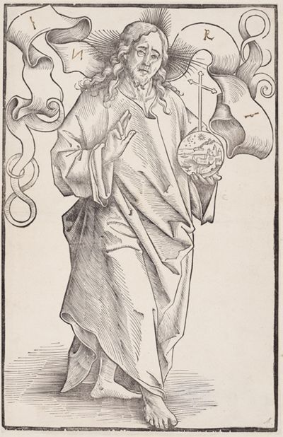 Meister DS - Christus lehrend, mit Spruchband und Weltkugel