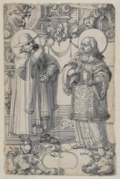 Daniel Lindtmayer (1552) - Riss mit dem Hl. Cosmas und dem Hl. Damian, im Oberbild Verkündigung an Maria
