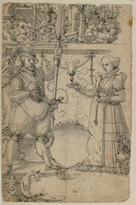 Hans Jakob Plepp - Riss mit Spießer und Bürgersfrau und leerem Wappenschild, im Oberbild Hausbau