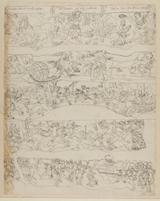 Bartholomäus Lingg (Werkstatt) - Fünf Entwürfe für Oberbilder: Tugendallegorie, Christus als Weltenrichter erlöst den Menschen, Hirschjagd/Hexenverbrennung, Pfaffenbeize, Kampfszene