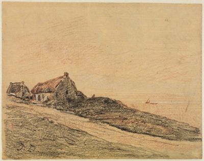 Jules Dupré - Küstenlandschaft bei Cayeux mit zwei Hütten