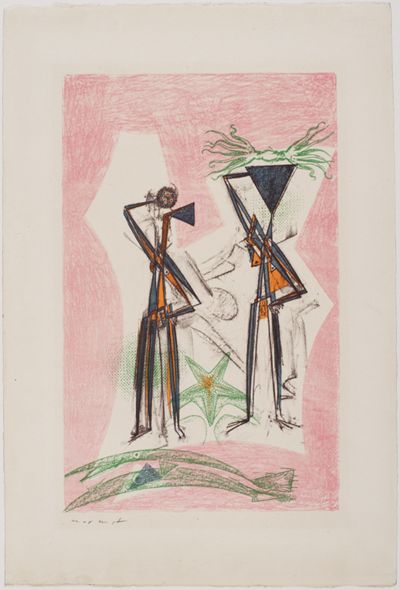 Die Lithografie von Max Ernst zeigt einen ungewöhnlichen Seestern mit fantasievolle Formen, die ihn von einem echten Seestern unterscheiden.