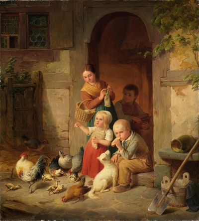 Heinrich Franz Gaudenz von Rustige - Bauernkinder füttern Hühner
