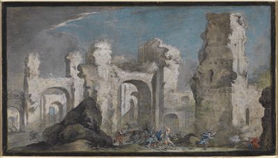 Johann Wilhelm Baur - Römische Ruinen mit Überfall