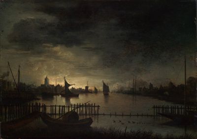 Aert van der Neer (1603) - Mondscheinlandschaft mit einer Stadt an breitem Kanal