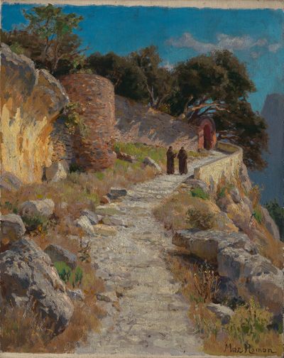 Max Wilhelm Roman - Italienische Landschaft mit Mönchen