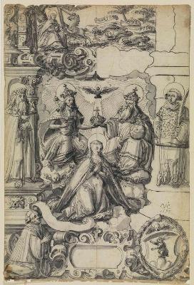 Niklaus von Riedt - Riss mit Krönung Mariae, flankiert von dem Hl. Jakobus major und dem Hl. Stephanus, darunter kniender geistlicher Stifter und nicht identifiziertes Wappen, im Oberbild Jagd auf das Einhorn
