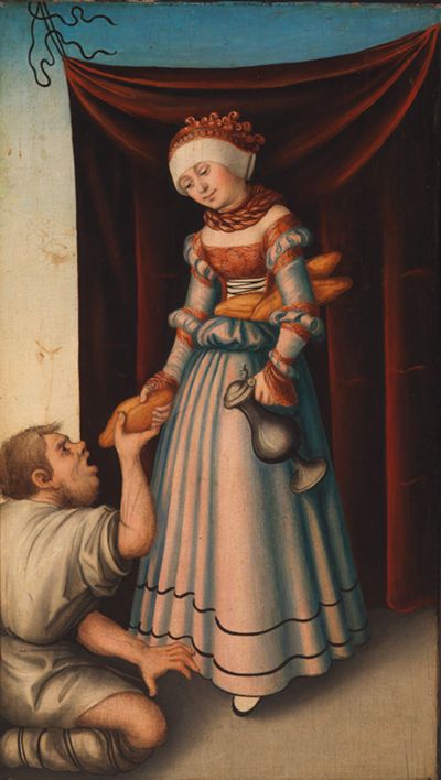 Das Bild zeigt eine Frau in einem schlichten aber elegantem Kleid mit einem einfachen Kopftuch. In der Hand hält sie ein Brot,welches sie einem vor ihr knienden Mann reicht.