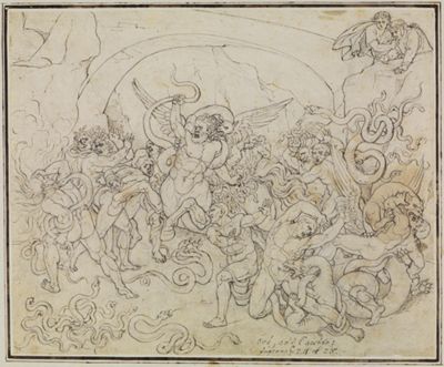 Das Bild zeigt eine düstere Szene in einem Tal voller Schlangen und Drachen. In der Mitte werden Diebe für ihre Taten bestraft,während sie von den gefährlichen Kreaturen umzingelt sind.