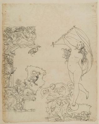 Bartholomäus Lingg (zugeschrieben) - Zwei Teilentwürfe: r. mit Fortuna, l. mit nicht identifiziertem Wappen