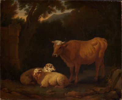 Jacob van der Does (1623) - Stehendes Rind und zwei liegende Schafe in Waldlandschaft