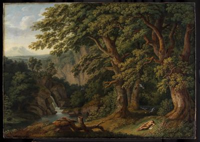 Jakob Philipp Hackert - Waldlandschaft mit dem schlafenden, von Tauben behüteten Knaben Horaz