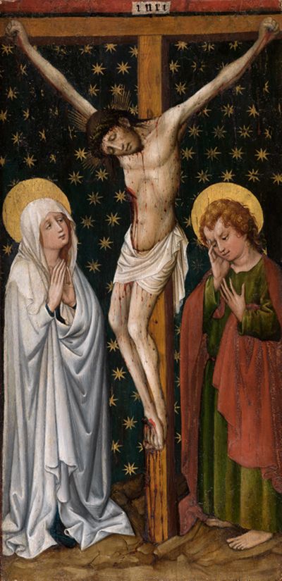 Meister des Staufener Altars - Christus am Kreuz zwischen Maria und Johannes