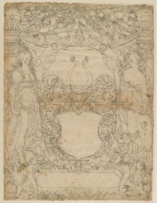 Bartholomäus Lingg - Riss mit leerem Wappenschild, flankiert von Victoria und Pax, im Oberbild Kampfgetümmel