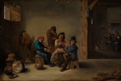 <p>Mehrere Bauern sitzen zusammen in einem Raum.Sie trinken aus Krügen und rauchen Pfeifen. Sie tragen einfache alte Kleidung.</p><p></p>