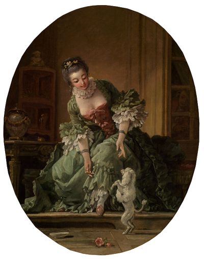 Das Gemälde von François Boucher zeigt eine junge Frau, die ein kleines, niedliches Hündchen trainiert. Die Frau sitzt auf einem eleganten Sofa und hält einen kleinen Stock in der Hand, während der Hund auf seinen Hinterbeinen balanciert.