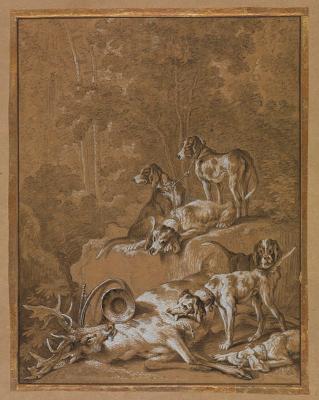 Johann Elias Ridinger - Jagdhunde bei erlegtem Hirsch