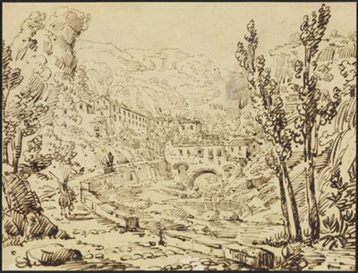 Anonym (18. Jh. F) - Italienische Flußlandschaft mit gedeckter Brücke