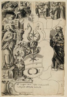 Niklaus von Riedt (zugeschrieben) - Riss mit Wappen Matthäus Rorer, flankiert von der Hl. Maria Magdalena und dem Hl. Johannes d. Täufer, im Oberbild Tischgesellschaft, nicht identifizierte Abschiedsszene