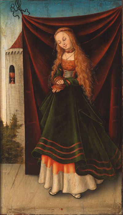 Lucas Cranach zeigt eine elegante Frau in prächtigen Kleidern. In ihrer Nähe steht ein Turm.