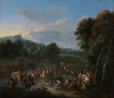 Theobald Michau - Weite, baumreiche Ebene mit einem Schloß in der Ferne und reicher Figurenstaffage