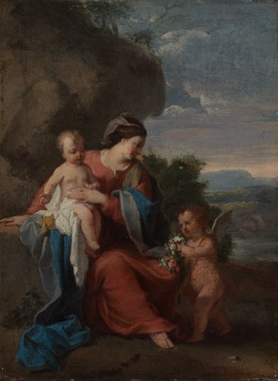 Laurent de La Hire - Maria mit dem Kind und einem Engel in der Landschaft