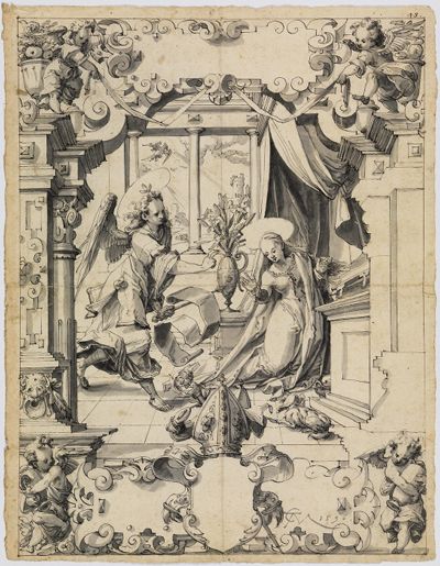 Christoph Murer - Riss mit Verkündigung an Maria, darunter leerer Schild eines Abtswappens