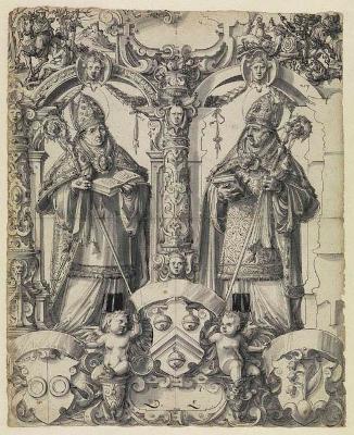Daniel Lindtmayer (1552) - Riss mit zwei heiligen Bischöfen, darunter drei nicht identifizierte Wappen, im Oberbild Hl. Martin und Hl. Georg