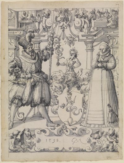 Christoph Murer - Riss mit Schildbegleiterpaar und nicht identifiziertem Wappen, im Oberbild Szenen aus einer Schankwirtschaft