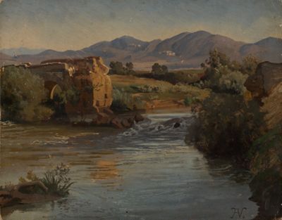 Albert Venus - Südliche Flusslandschaft mit Brückenruine