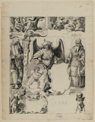 Niklaus von Riedt - Riss mit Engel als Schildhalter und nicht identifiziertem Allianzwappen, flankiert von Moses und Aaron, im Oberbild Adam und Eva, Geburt Christi